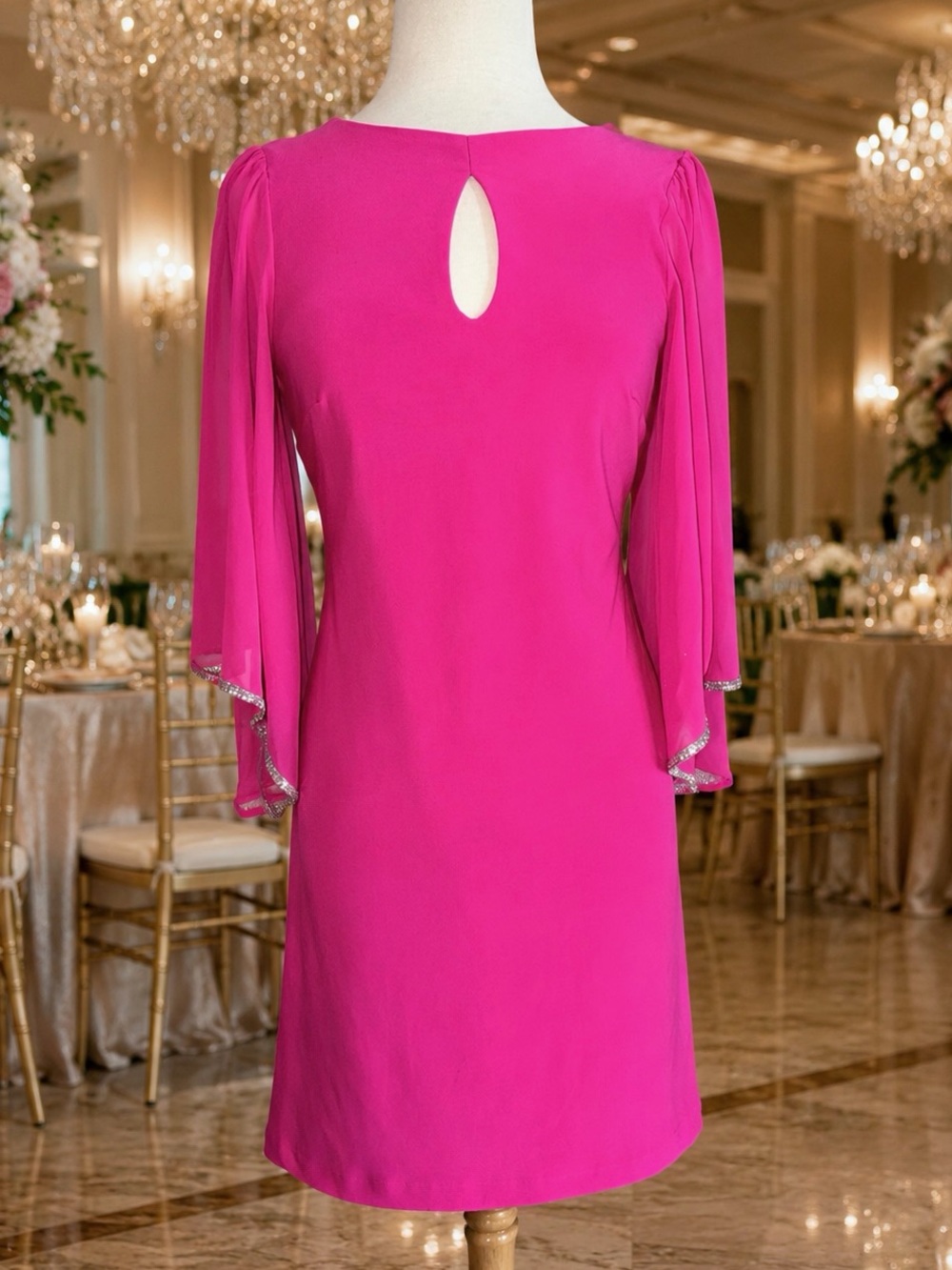Joseph Ribkoff Signature Hot Pink Chiffon Sleeve Dress Keyhole Front Size 8 NWT